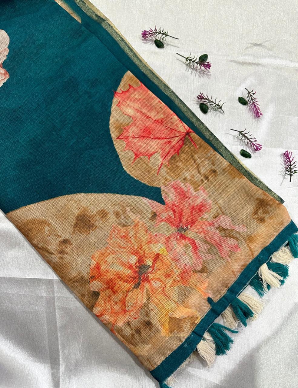 Teal & Beige Floral Jute Silk Saree with Elegant Tassel Border