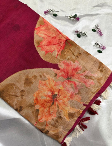 Majenta Jute Silk Saree with Floral Print and Matching Blouse