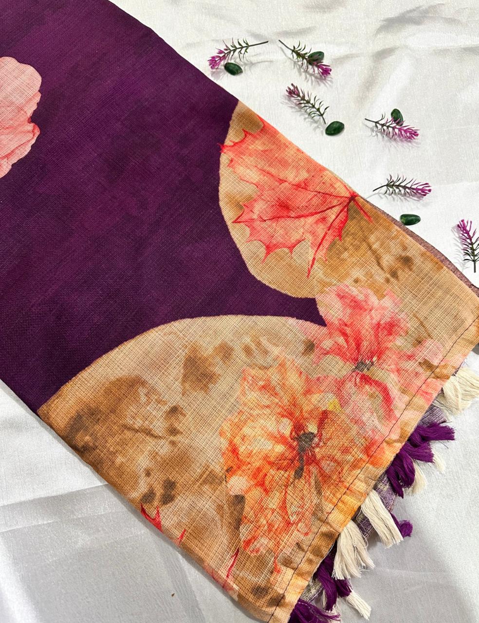 Dark Violet Color Jute Silk Saree with Elegant Floral Print and Matching Blouse