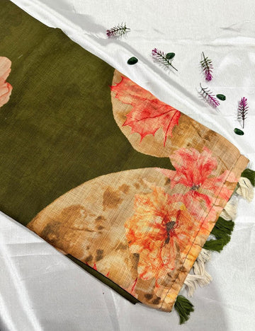 Olive Green Jute Silk Saree with Bold Floral Prints & Tassel Finish