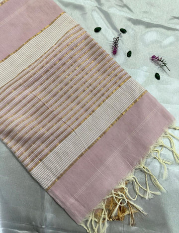 Dusty Lavender Handloom Jute Cotton Saree with Golden Striped Pallu
