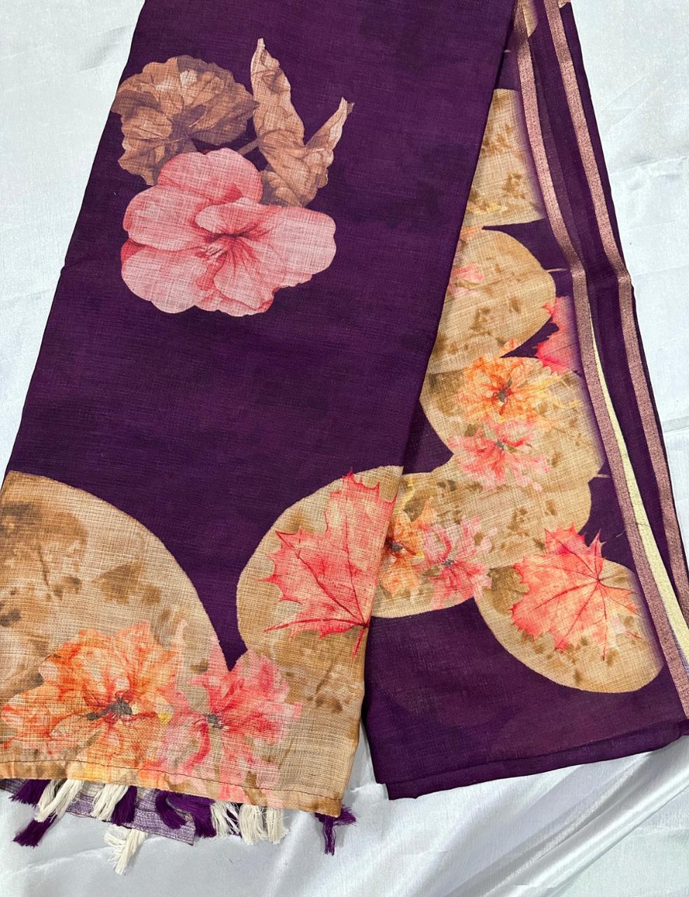 Dark Violet Color Jute Silk Saree with Elegant Floral Print and Matching Blouse