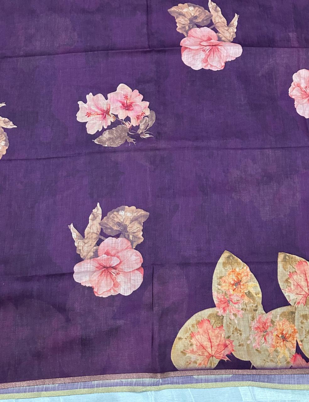 Dark Violet Color Jute Silk Saree with Elegant Floral Print and Matching Blouse