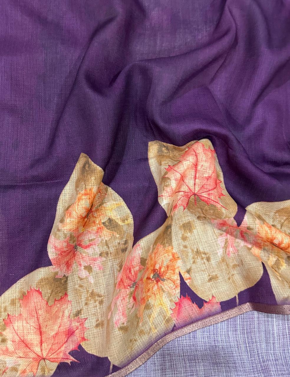 Dark Violet Color Jute Silk Saree with Elegant Floral Print and Matching Blouse