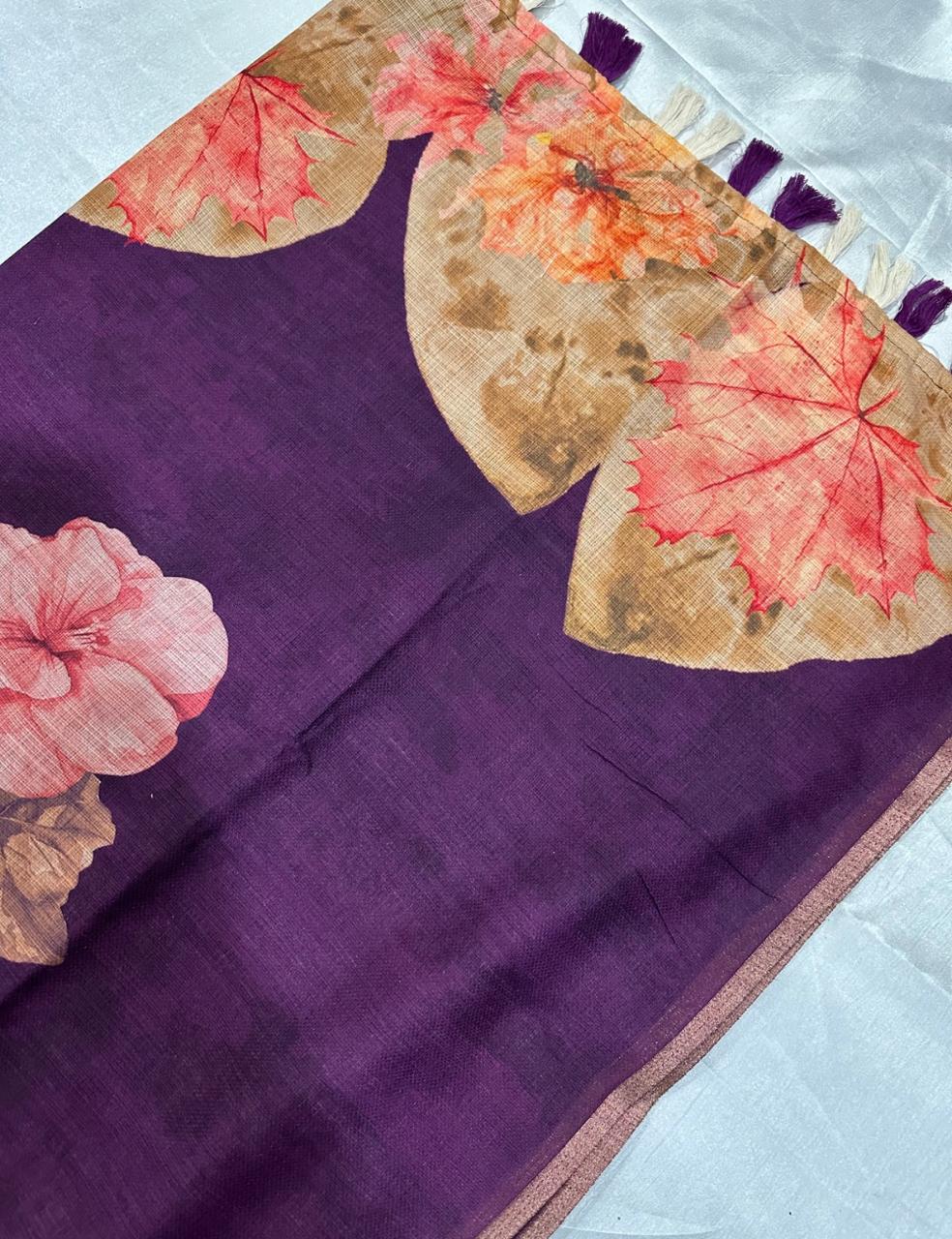Dark Violet Color Jute Silk Saree with Elegant Floral Print and Matching Blouse