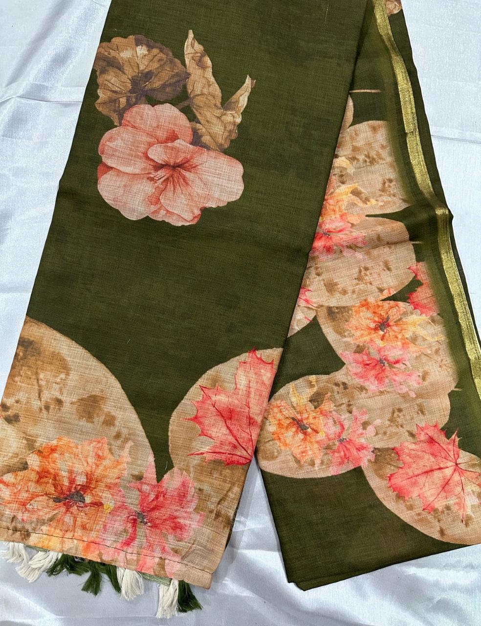 Olive Green Jute Silk Saree with Bold Floral Prints & Tassel Finish
