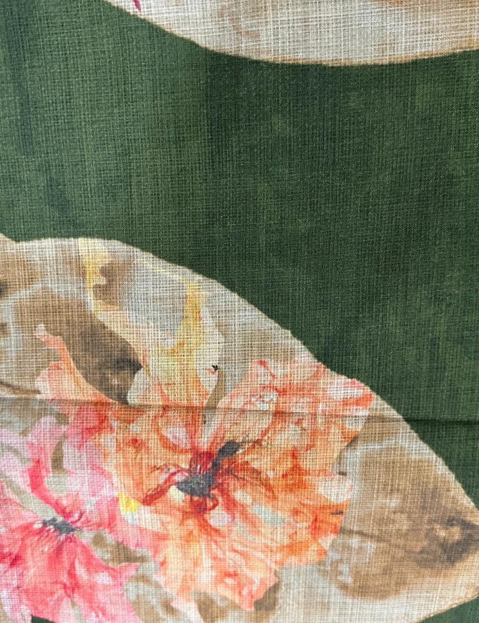 Olive Green Jute Silk Saree with Bold Floral Prints & Tassel Finish