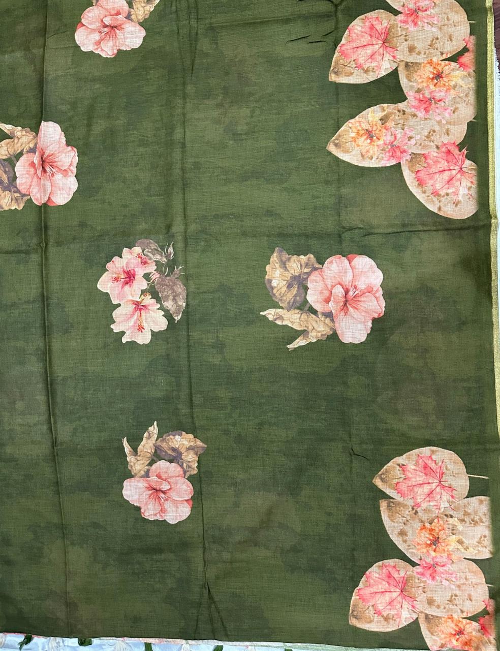 Olive Green Jute Silk Saree with Bold Floral Prints & Tassel Finish