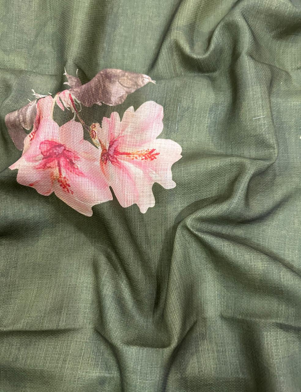 Olive Green Jute Silk Saree with Bold Floral Prints & Tassel Finish