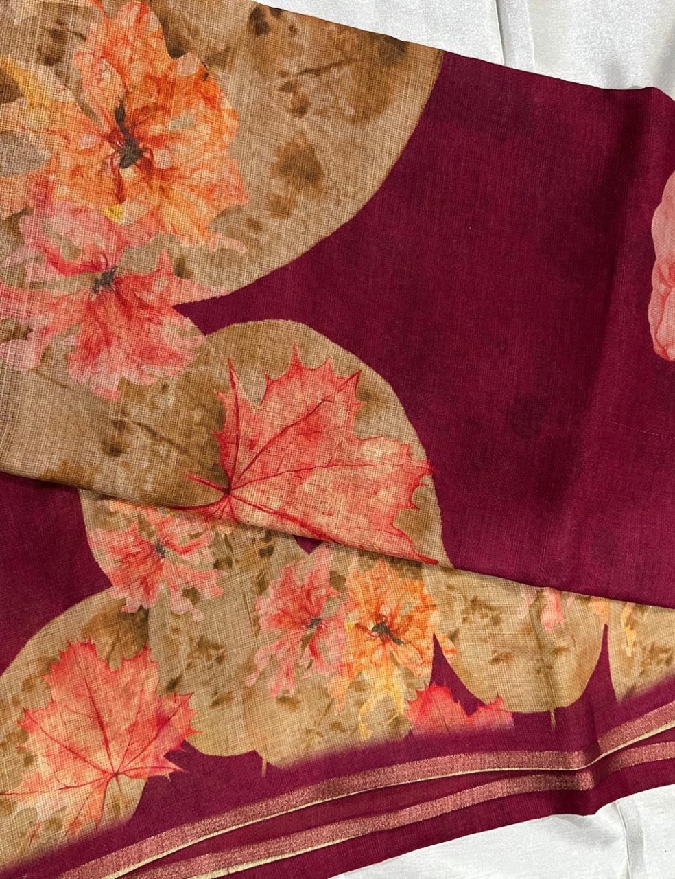 Majenta Jute Silk Saree with Floral Print and Matching Blouse