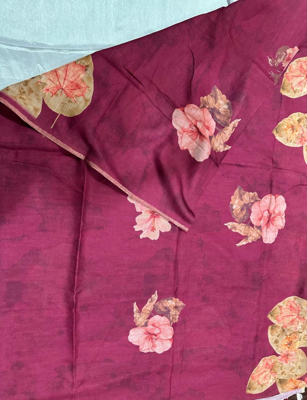 Majenta Jute Silk Saree with Floral Print and Matching Blouse