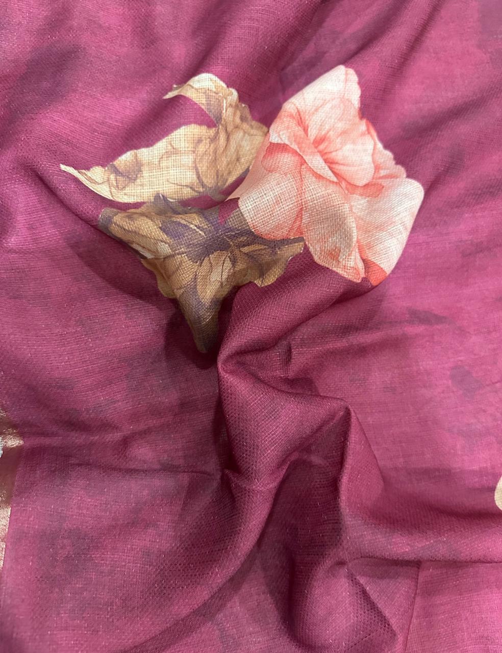 Majenta Jute Silk Saree with Floral Print and Matching Blouse