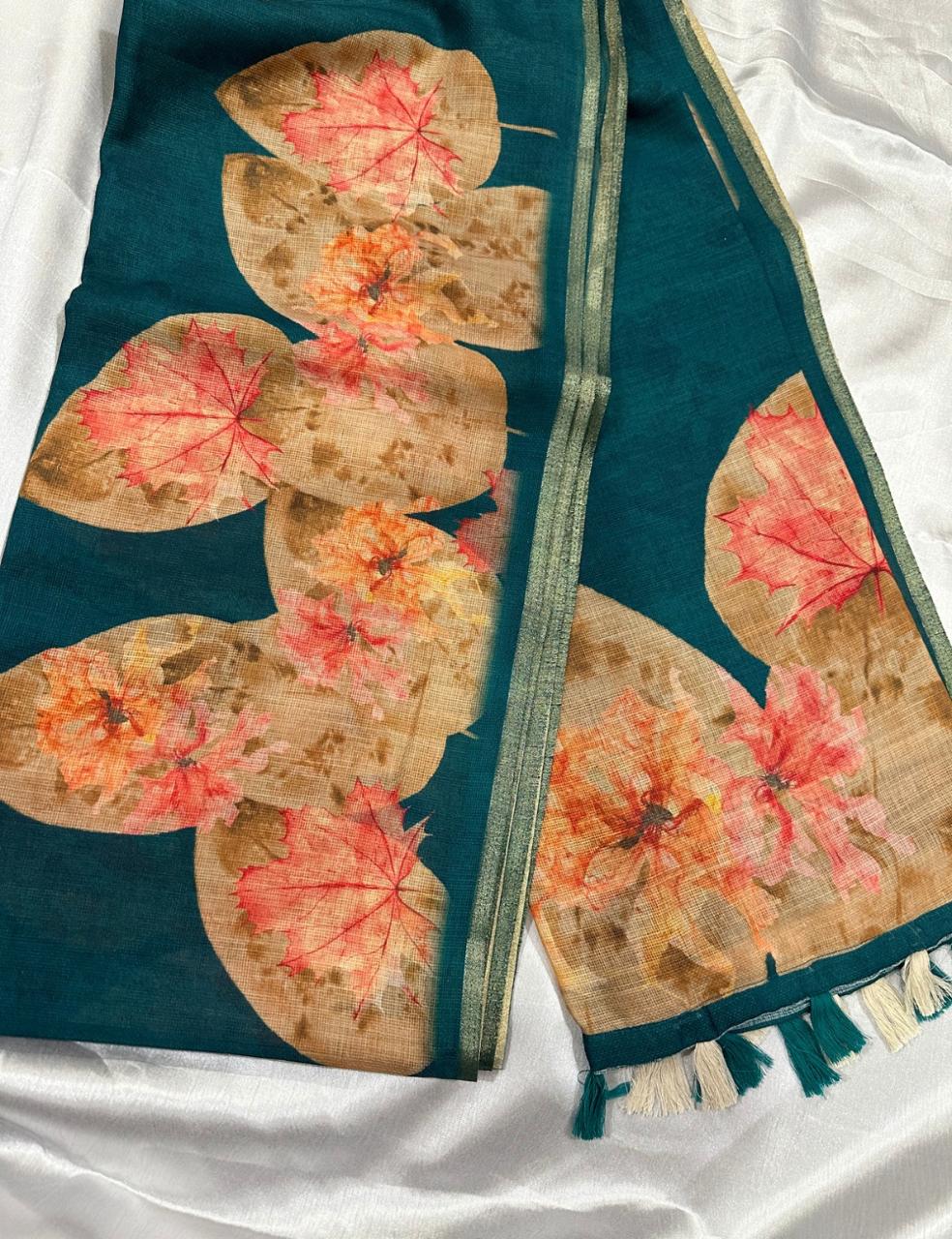 Teal & Beige Floral Jute Silk Saree with Elegant Tassel Border