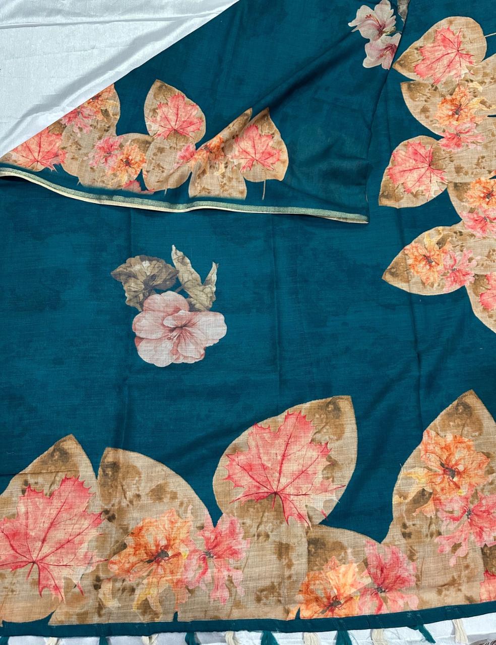 Teal & Beige Floral Jute Silk Saree with Elegant Tassel Border