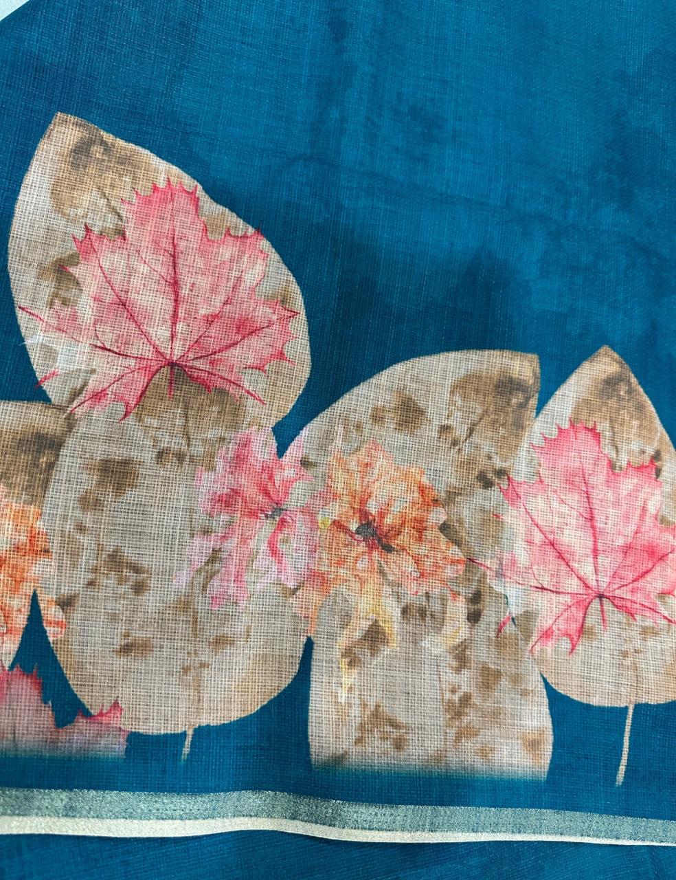 Teal & Beige Floral Jute Silk Saree with Elegant Tassel Border