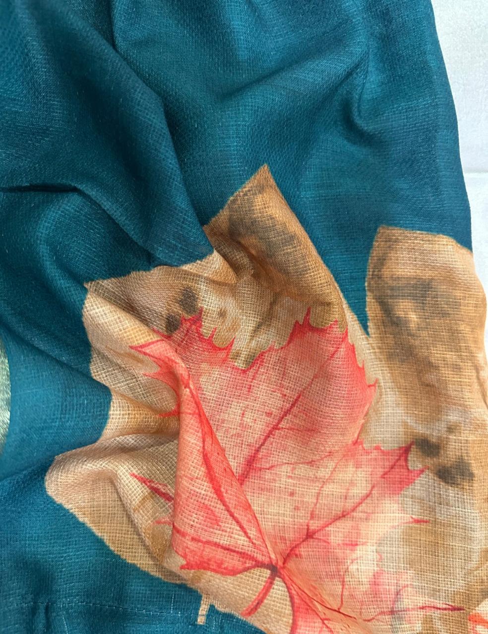 Teal & Beige Floral Jute Silk Saree with Elegant Tassel Border