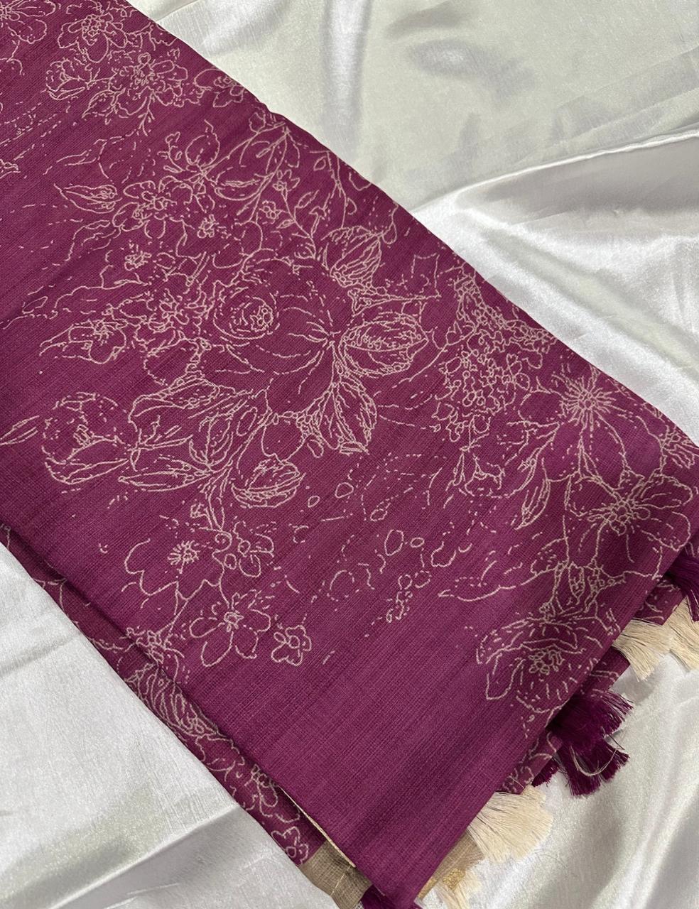 Elegant Magenta Jute Silk Saree with Golden Border & Floral Weave