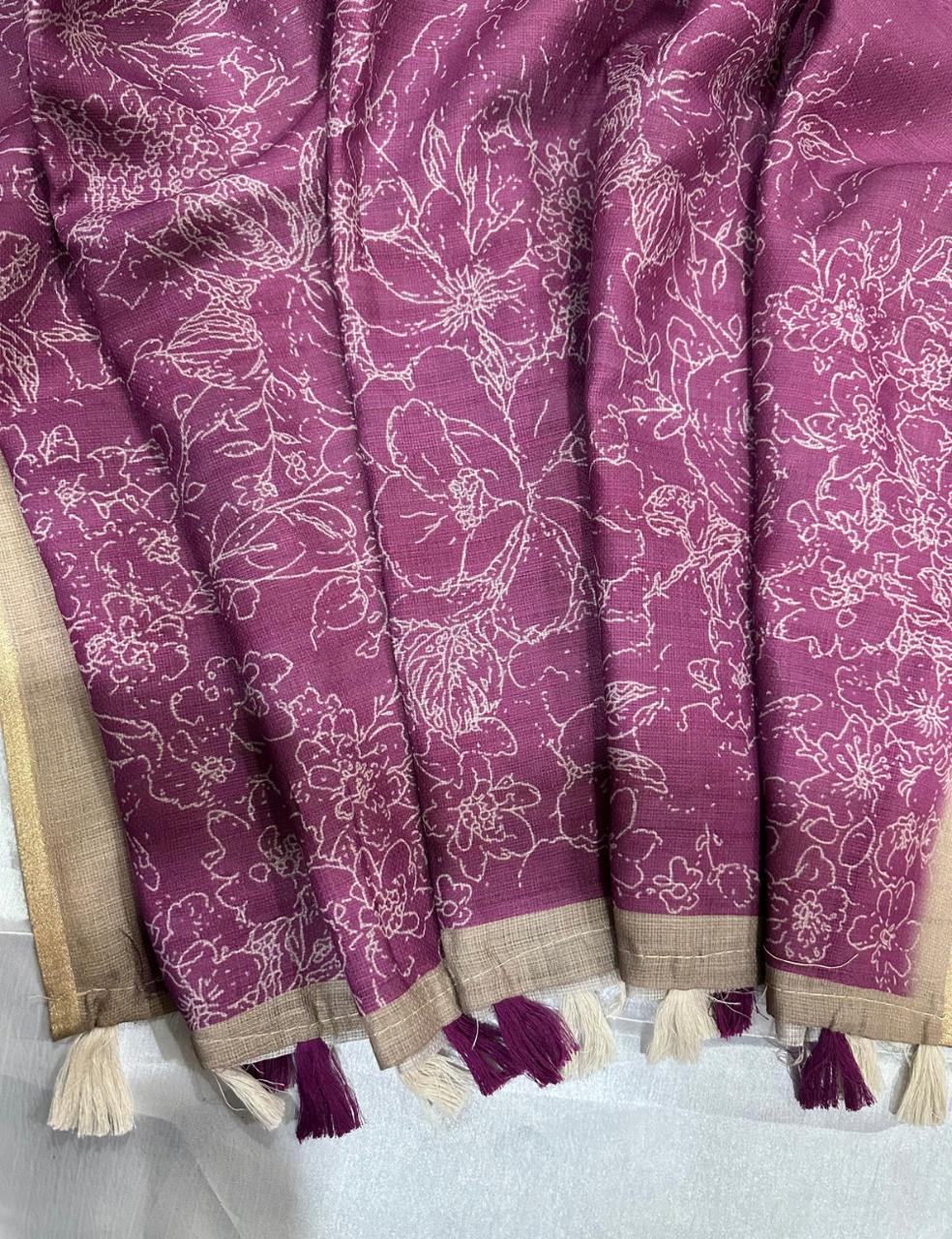 Elegant Magenta Jute Silk Saree with Golden Border & Floral Weave