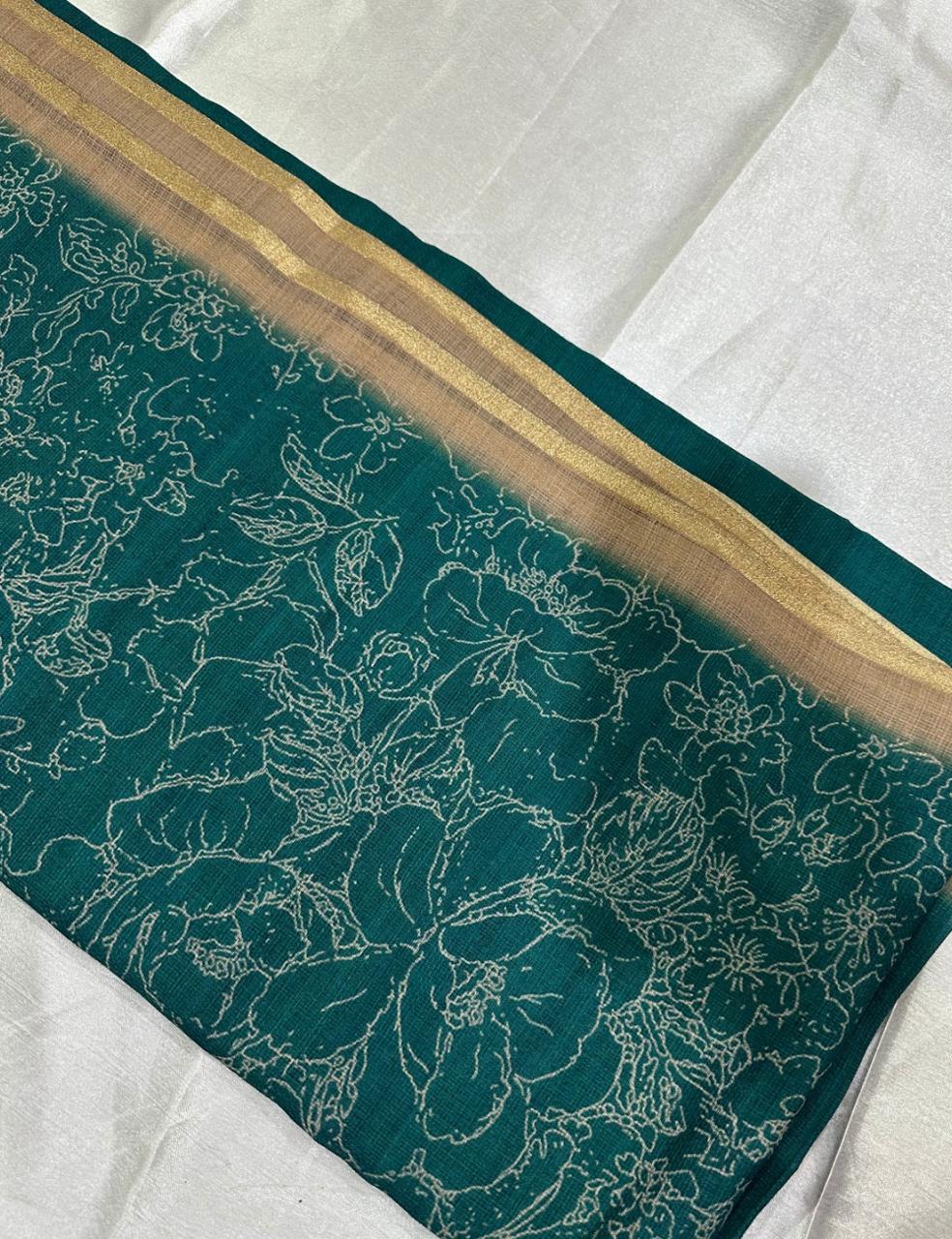 Teal Green Jute Silk Saree with Golden Border & Floral Weave