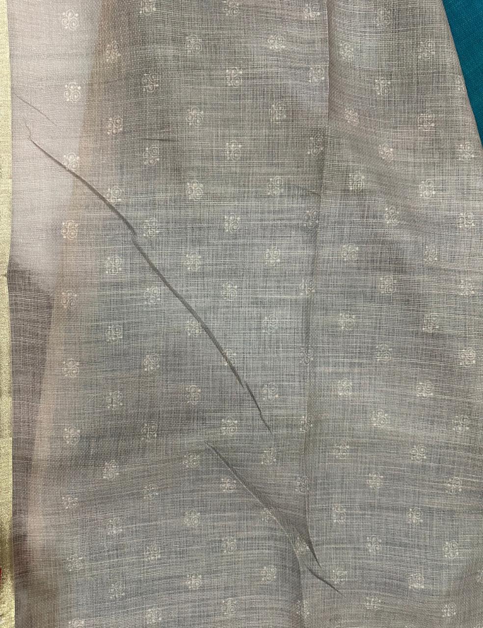 Teal Green Jute Silk Saree with Golden Border & Floral Weave