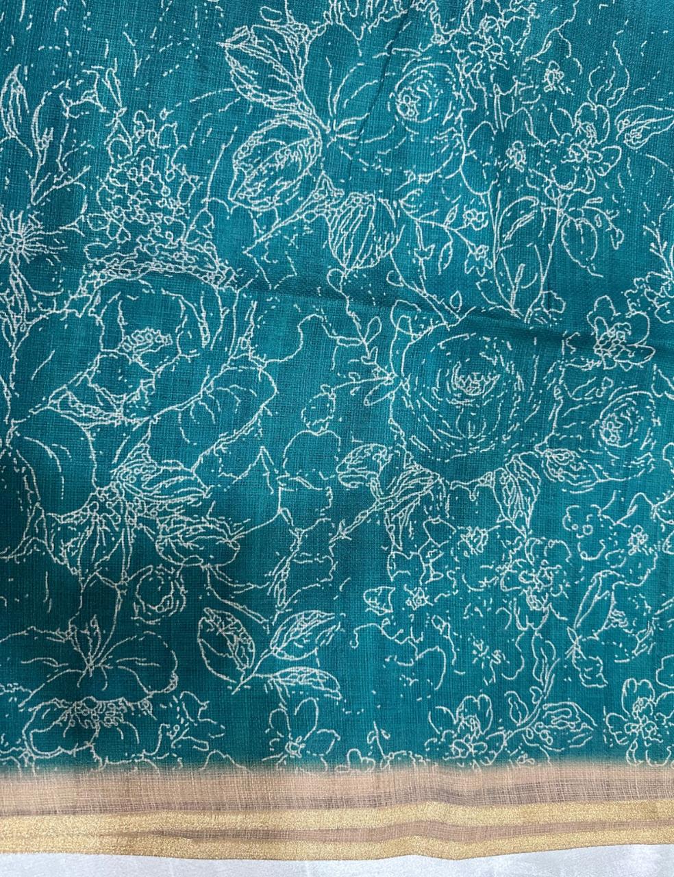 Teal Green Jute Silk Saree with Golden Border & Floral Weave