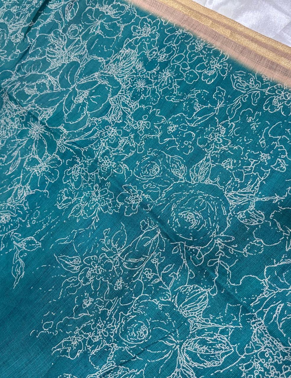 Teal Green Jute Silk Saree with Golden Border & Floral Weave