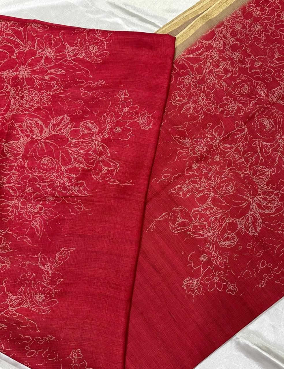 Classic Red Jute Silk Saree with Floral Weave