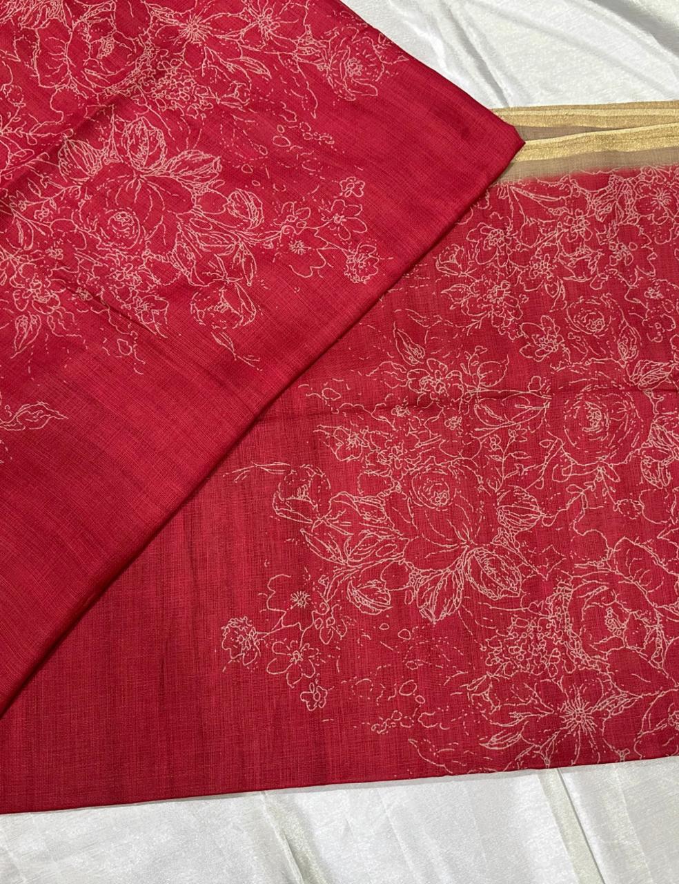 Classic Red Jute Silk Saree with Floral Weave