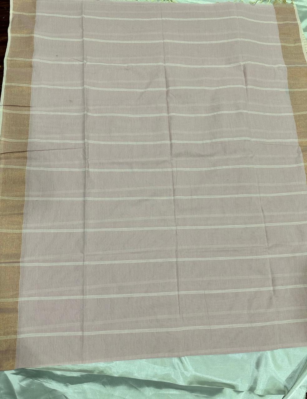 Dusty Lavender Handloom Jute Cotton Saree with Golden Striped Pallu
