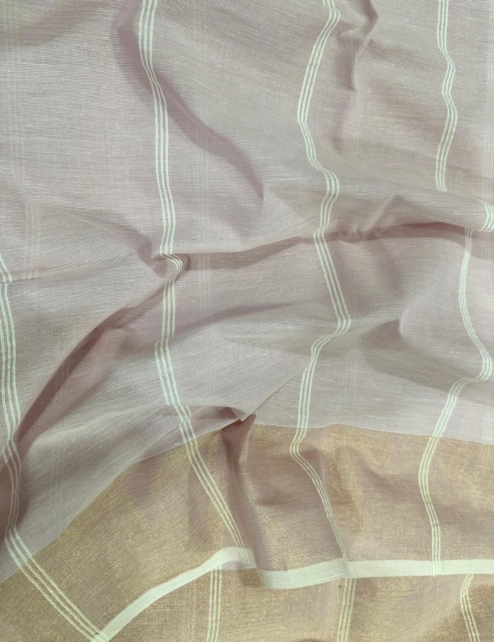 Dusty Lavender Handloom Jute Cotton Saree with Golden Striped Pallu