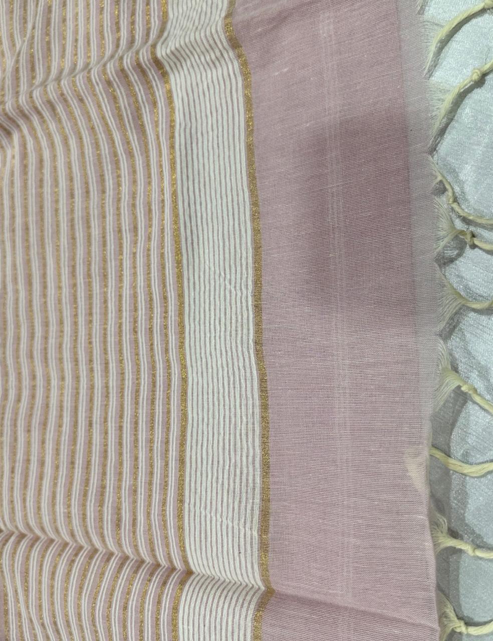 Dusty Lavender Handloom Jute Cotton Saree with Golden Striped Pallu