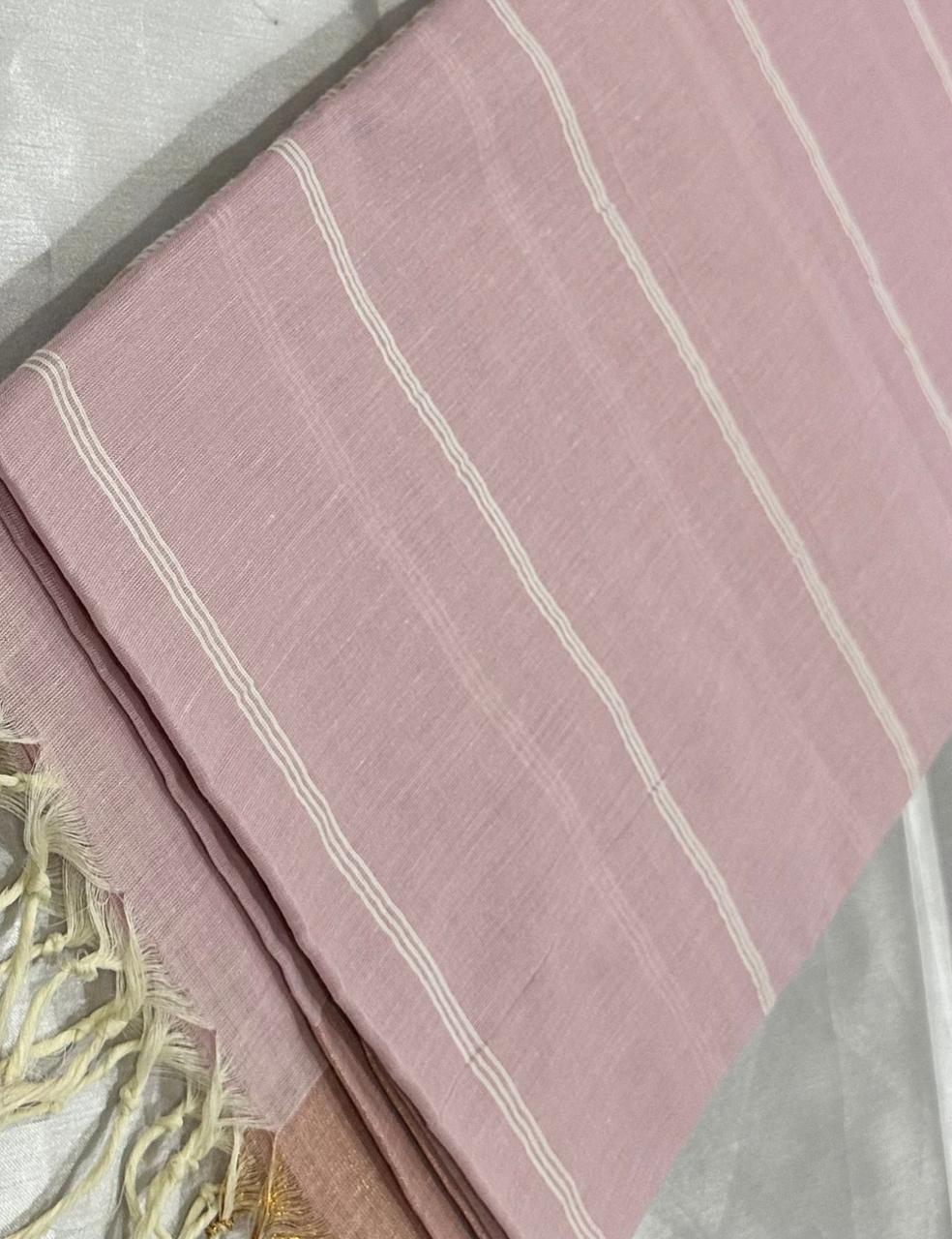 Dusty Lavender Handloom Jute Cotton Saree with Golden Striped Pallu