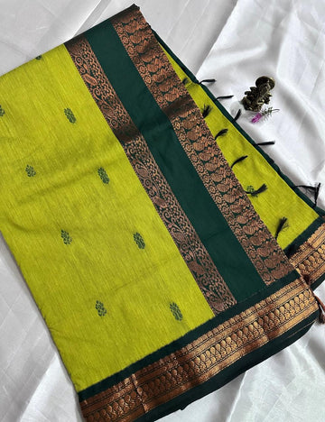 Parrot Green and Bottle Green Kalyani Cotton Saree with Copper Zari Peacock Border