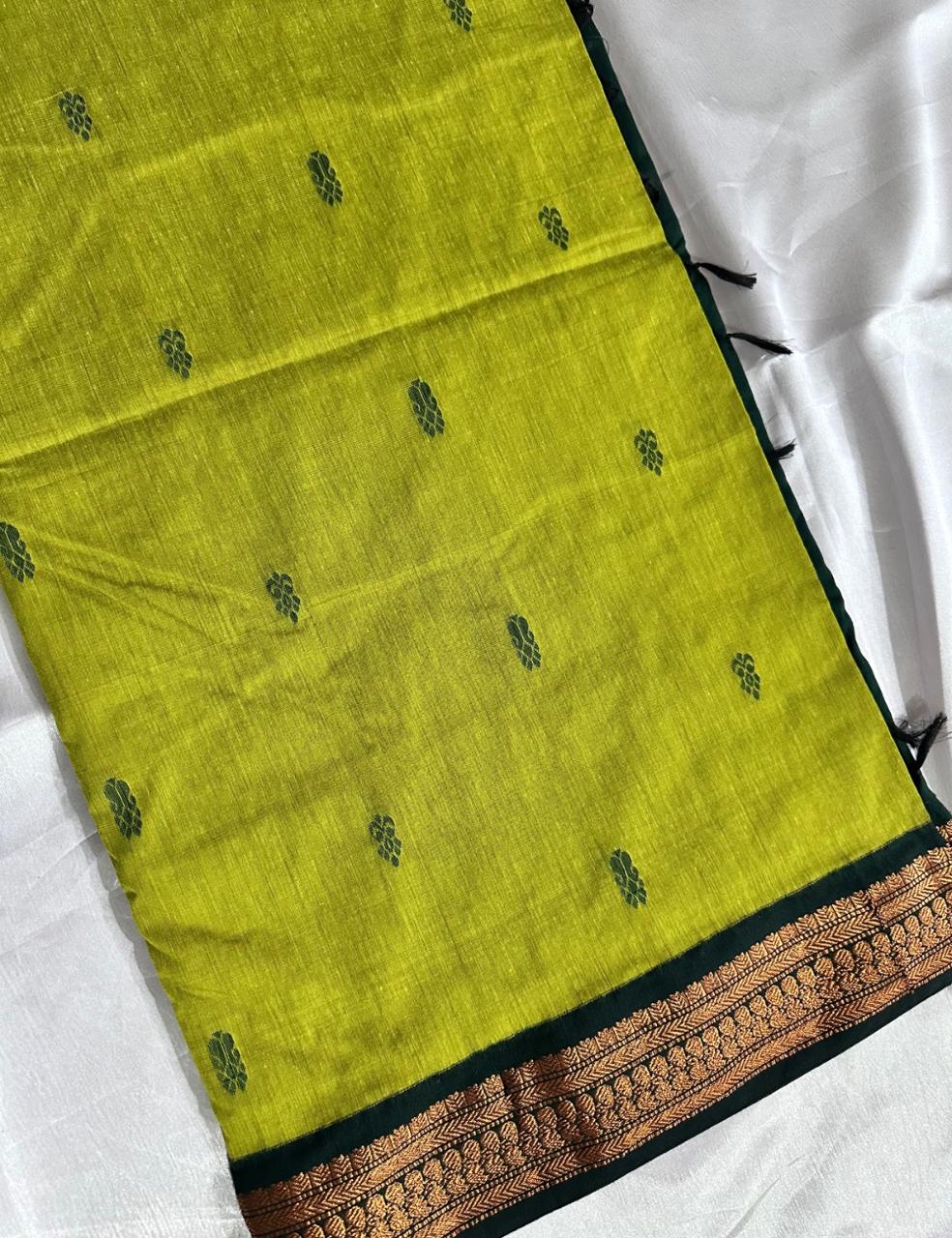 Parrot Green and Bottle Green Kalyani Cotton Saree with Copper Zari Peacock Border