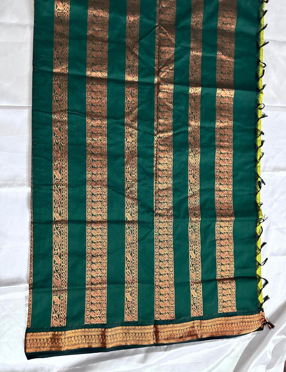 Parrot Green and Bottle Green Kalyani Cotton Saree with Copper Zari Peacock Border