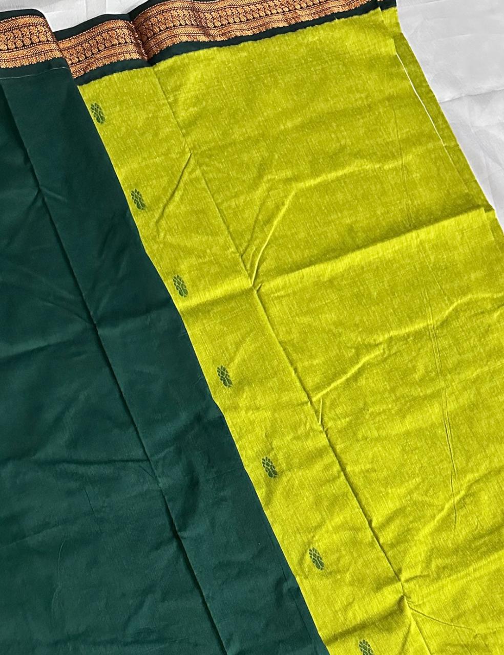 Parrot Green and Bottle Green Kalyani Cotton Saree with Copper Zari Peacock Border