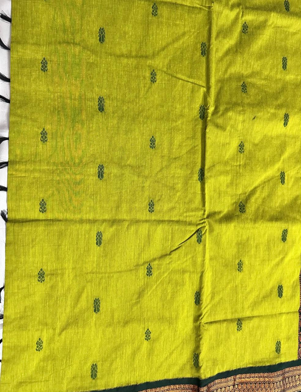 Parrot Green and Bottle Green Kalyani Cotton Saree with Copper Zari Peacock Border