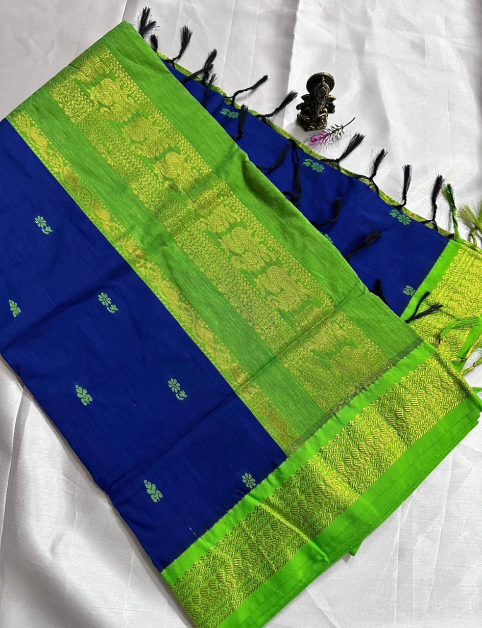 Royal Blue and Parrot Green Kalyani Cotton Saree with Zari Border