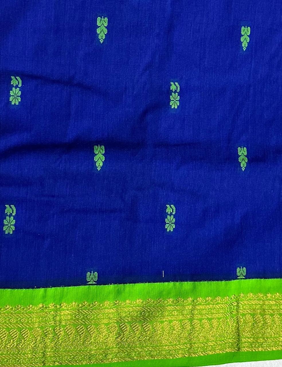 Royal Blue and Parrot Green Kalyani Cotton Saree with Zari Border