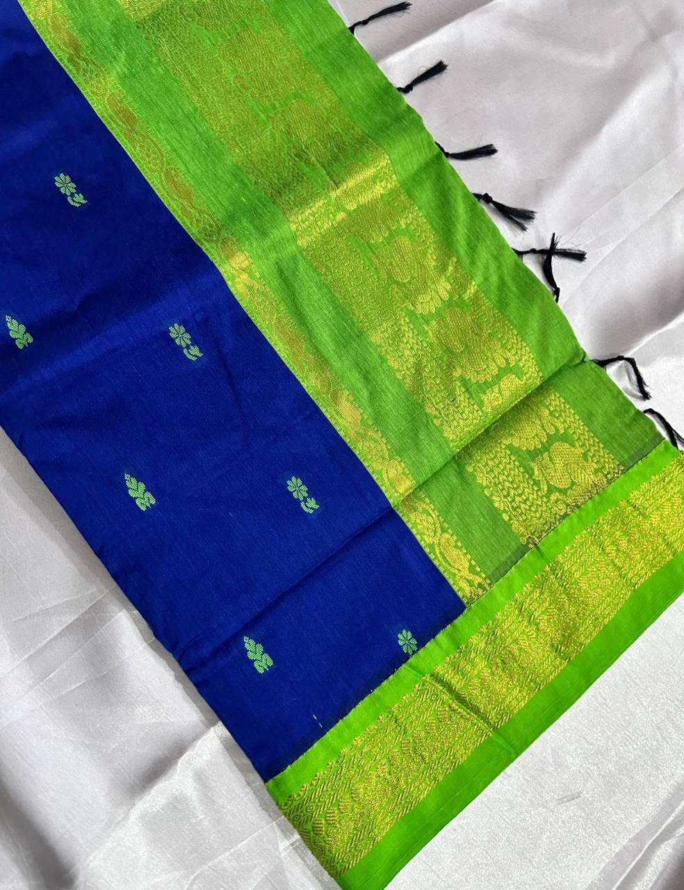 Royal Blue and Parrot Green Kalyani Cotton Saree with Zari Border