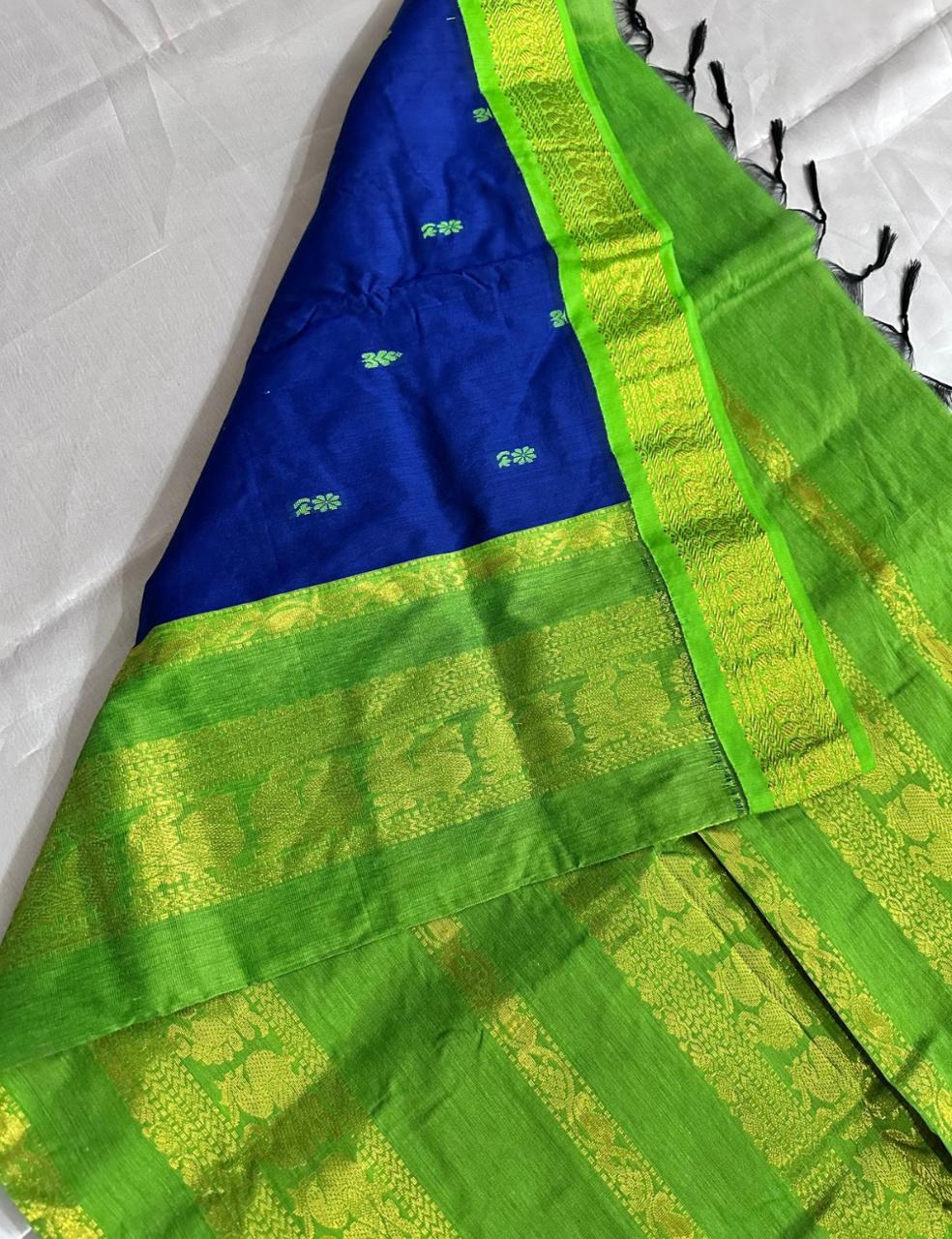 Royal Blue and Parrot Green Kalyani Cotton Saree with Zari Border
