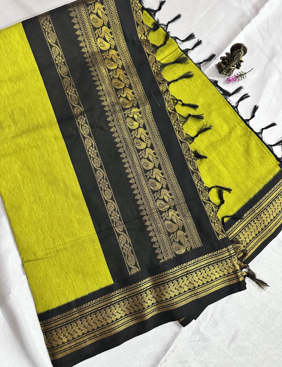 Olive Green and Black Kalyani Cotton Saree with Rich Zari Elephant Border