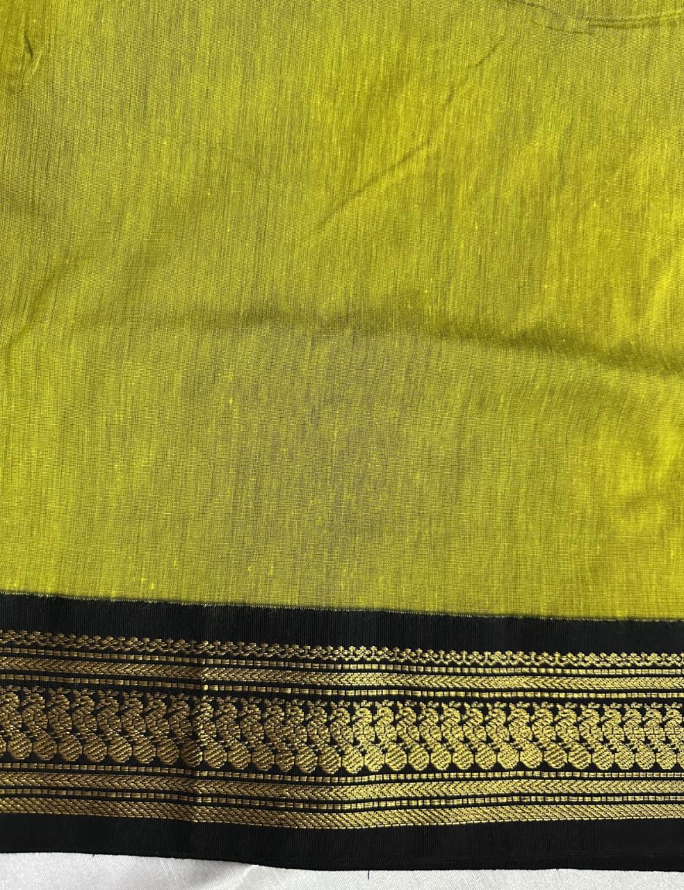 Olive Green and Black Kalyani Cotton Saree with Rich Zari Elephant Border