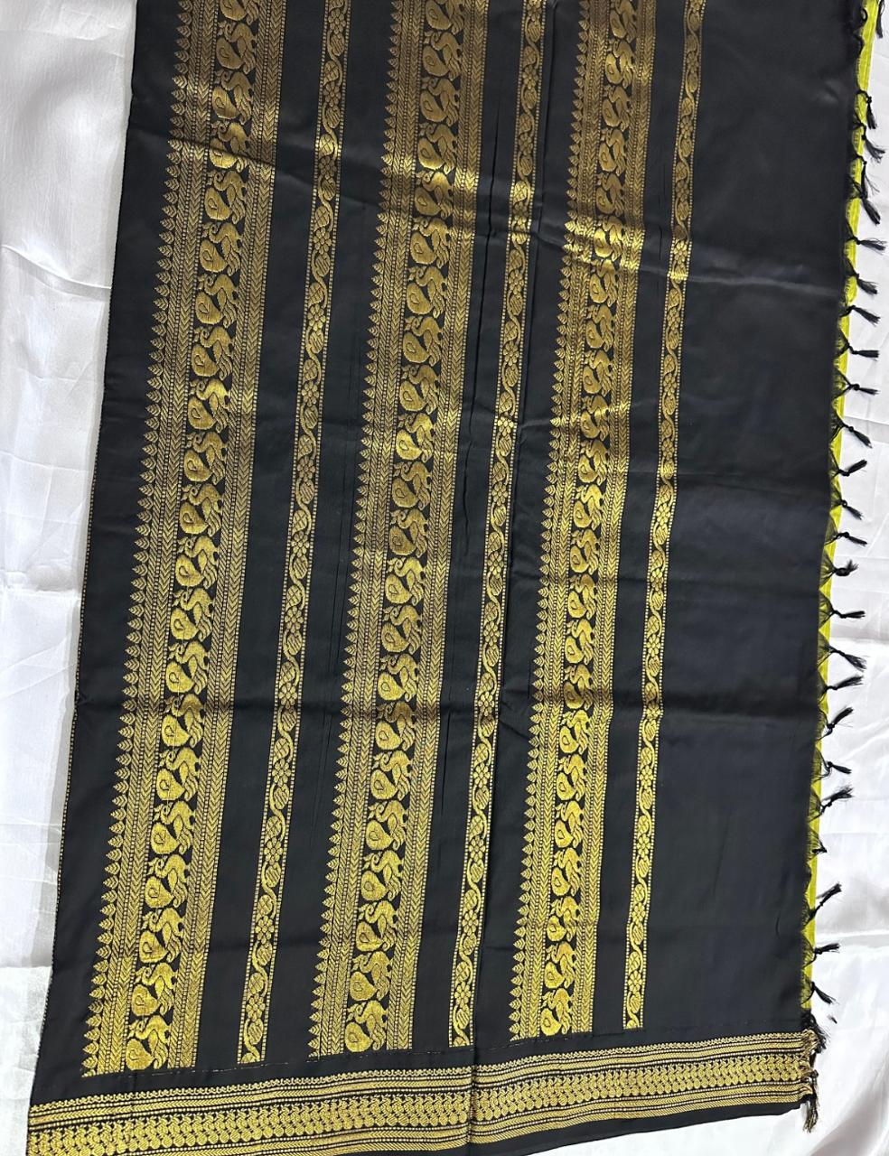 Olive Green and Black Kalyani Cotton Saree with Rich Zari Elephant Border