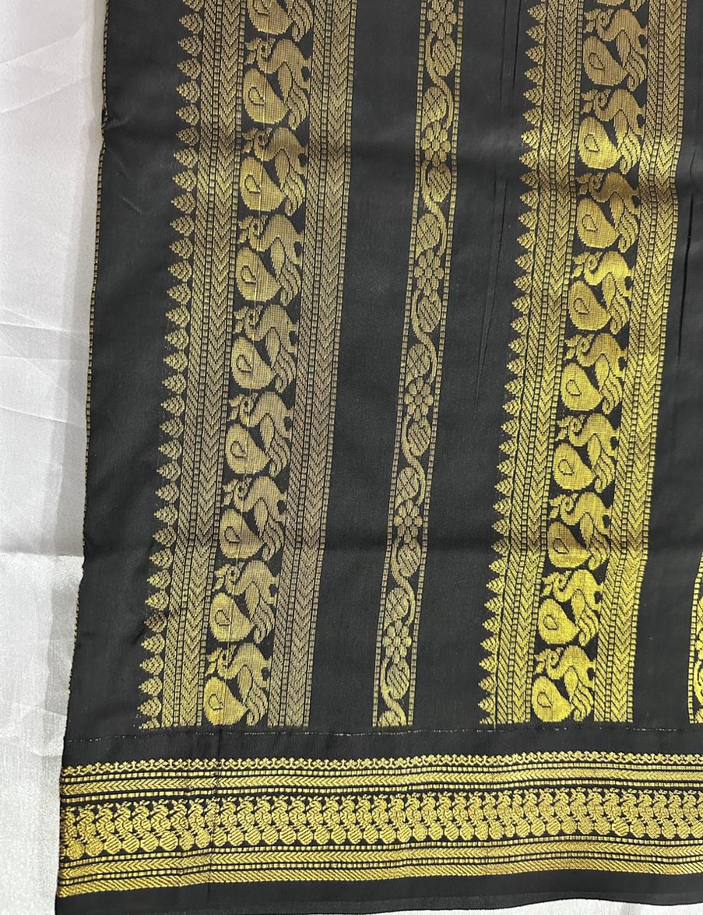 Olive Green and Black Kalyani Cotton Saree with Rich Zari Elephant Border