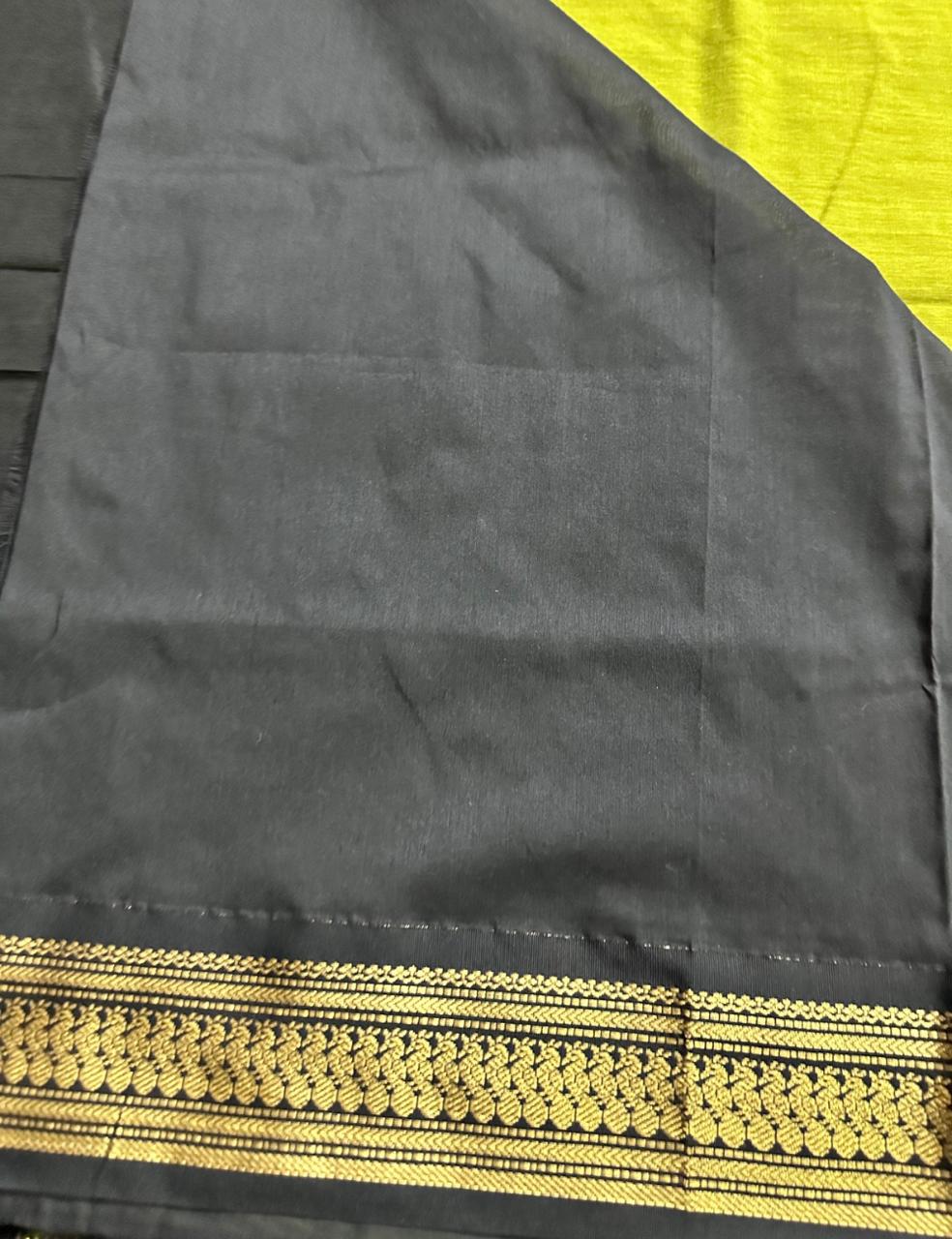 Olive Green and Black Kalyani Cotton Saree with Rich Zari Elephant Border