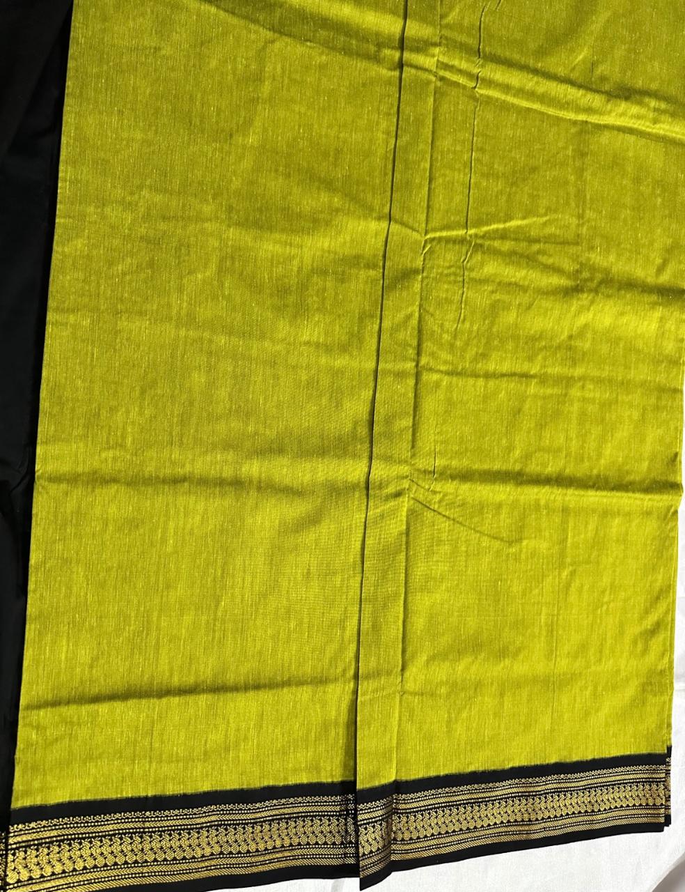 Olive Green and Black Kalyani Cotton Saree with Rich Zari Elephant Border