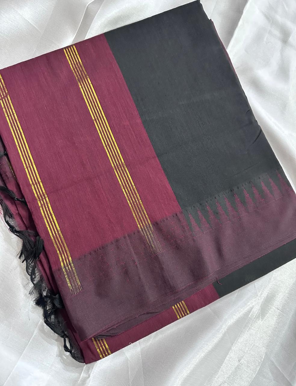Black and Maroon Kalyani Cotton Saree with Elegant Golden Zari Lines
