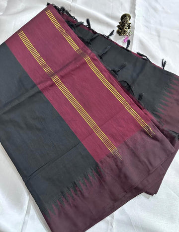 Black and Maroon Kalyani Cotton Saree with Elegant Golden Zari Lines