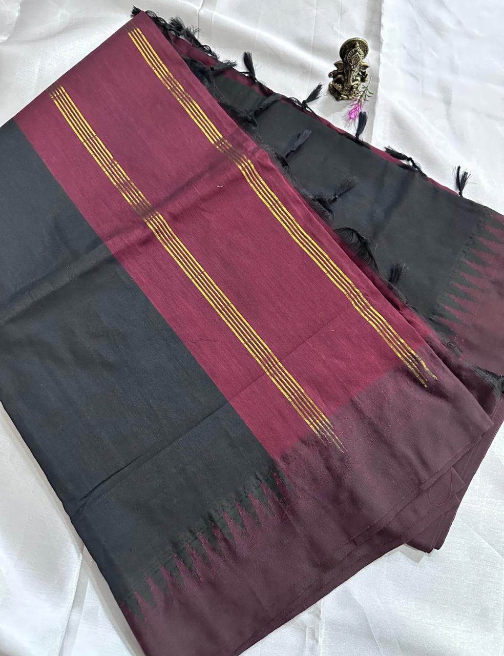 Black and Maroon Kalyani Cotton Saree with Elegant Golden Zari Lines